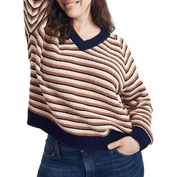 Madewell - Arden V-Neck Crop Pullover Sweater in Stripe - Size S - Picture 3 of 11
